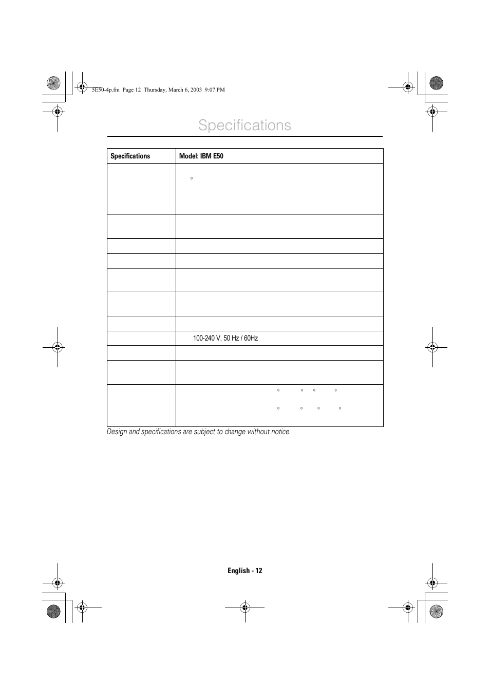 Specifications | IBM E50 User Manual | Page 15 / 15