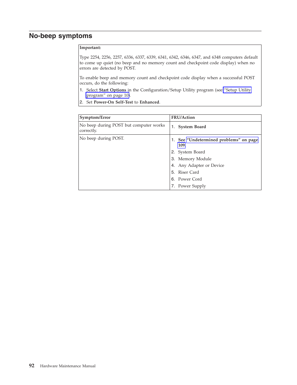 No-beep symptoms | IBM 6341 User Manual | Page 100 / 252