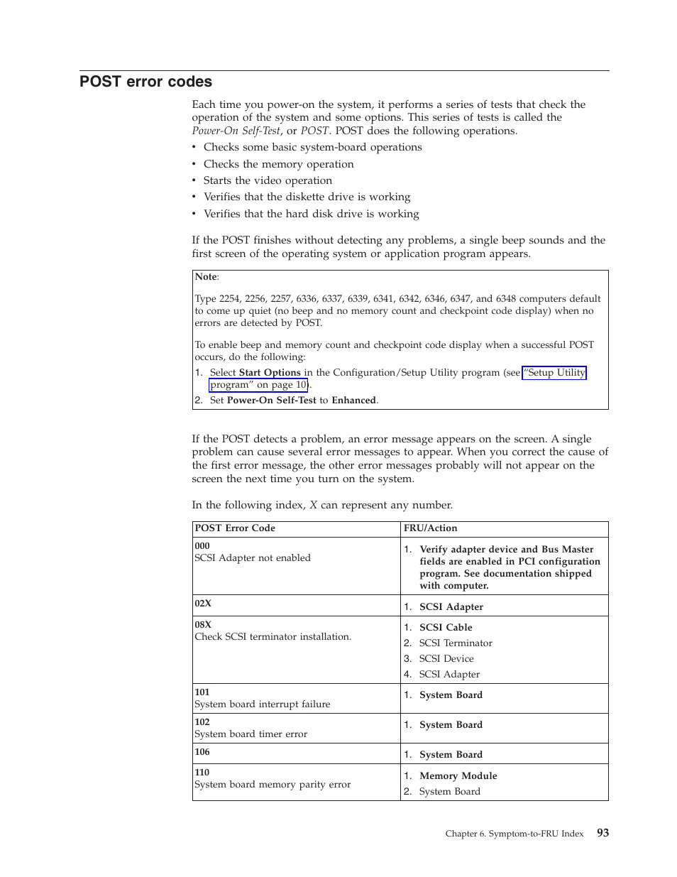 Post error codes | IBM 6341 User Manual | Page 101 / 252