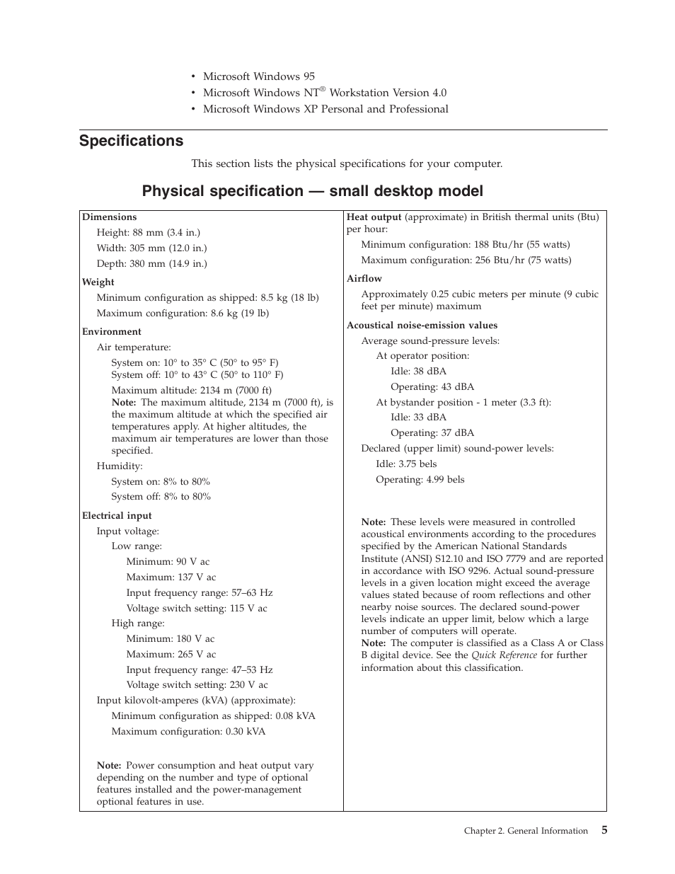 Specifications, Physical specification — small desktop model | IBM 6341 User Manual | Page 13 / 252