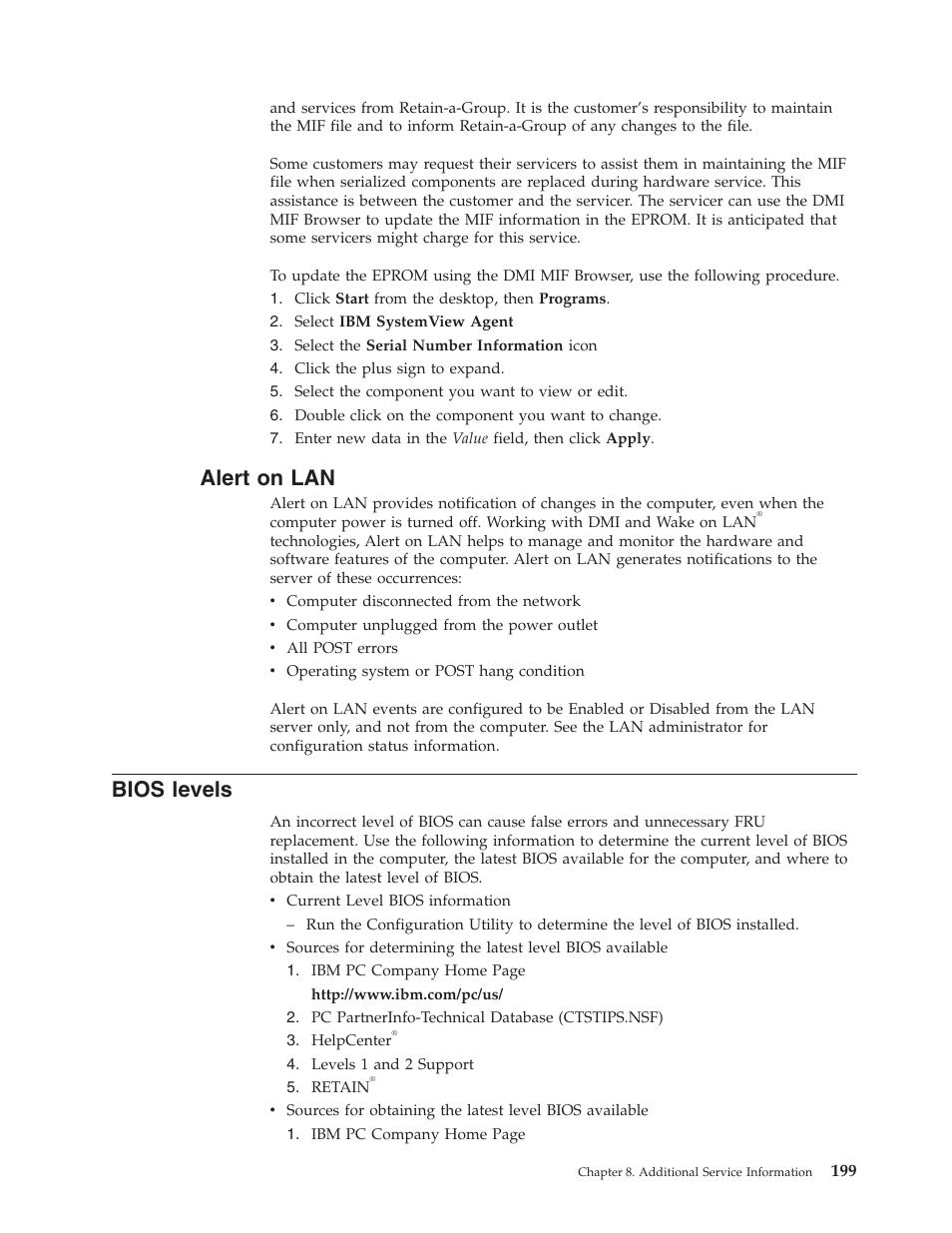 Alert on lan, Bios levels | IBM 6341 User Manual | Page 207 / 252