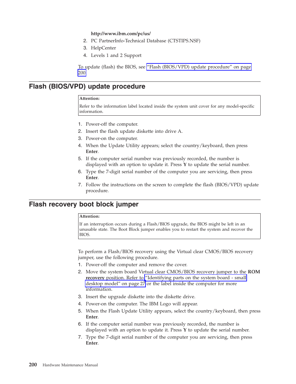 Flash (bios/vpd) update procedure, Flash recovery boot block jumper | IBM 6341 User Manual | Page 208 / 252