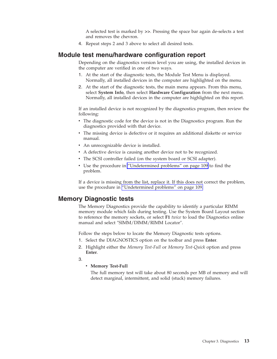 Module test menu/hardware configuration report, Memory diagnostic tests | IBM 6341 User Manual | Page 21 / 252