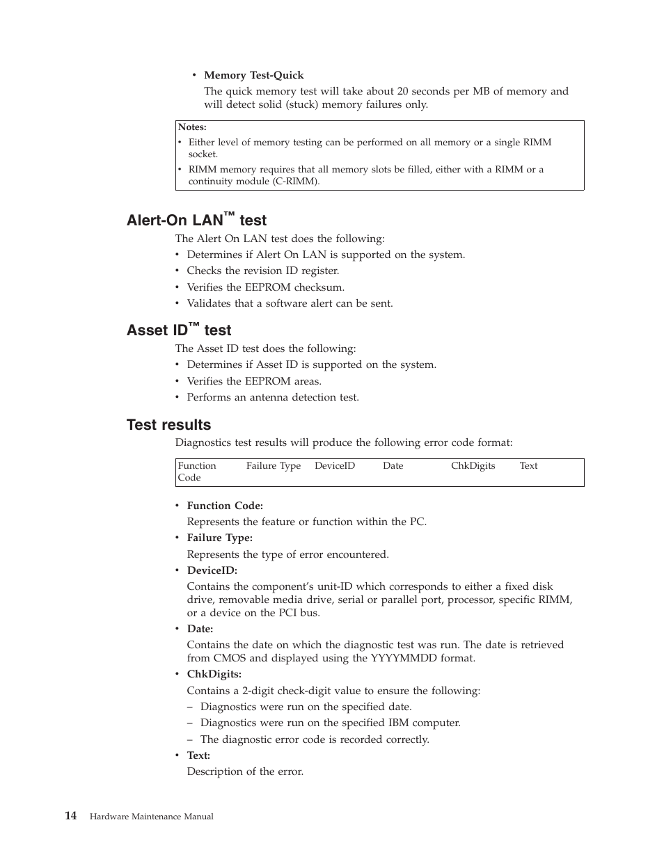 Alert-on lan™ test, Asset id™ test, Test results | Alert-on lan, Test, Asset id | IBM 6341 User Manual | Page 22 / 252