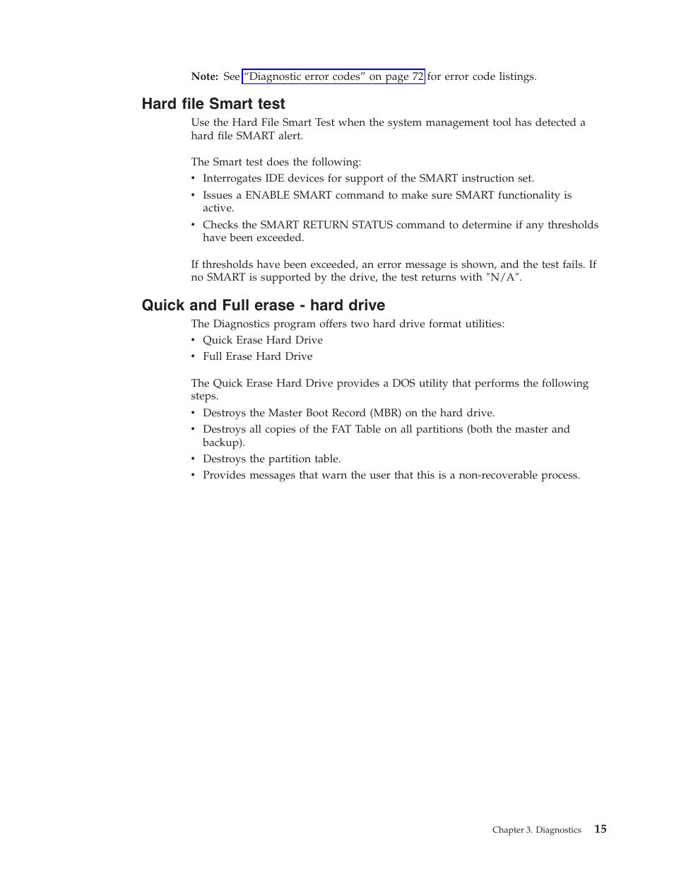 Hard file smart test, Quick and full erase - hard drive | IBM 6341 User Manual | Page 23 / 252