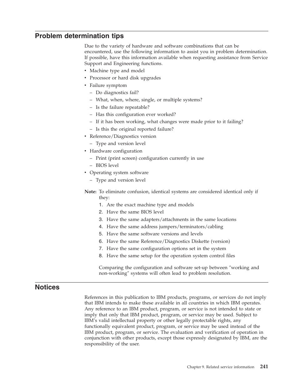 Problem determination tips, Notices | IBM 6341 User Manual | Page 249 / 252