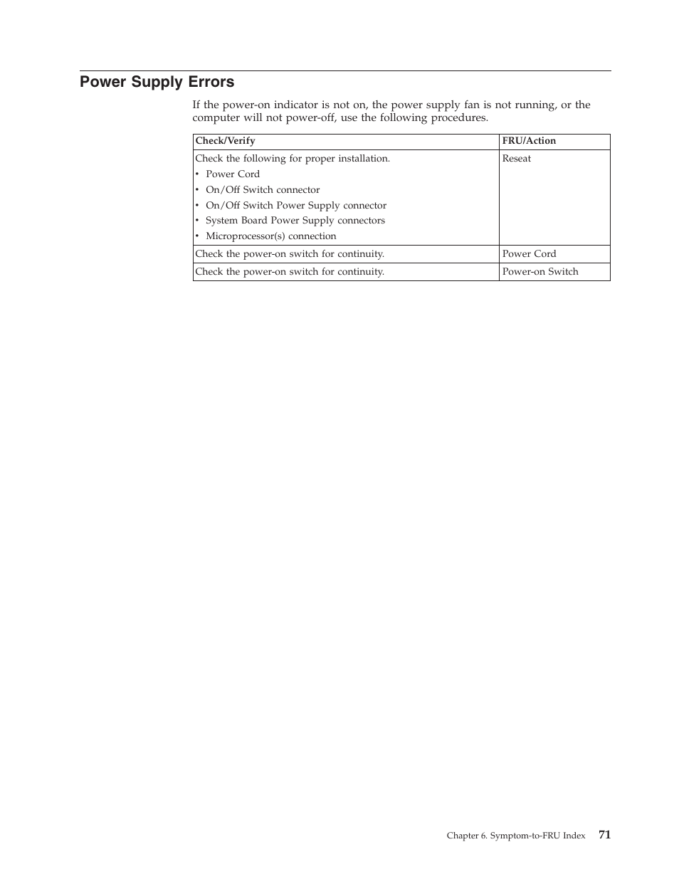 Power supply errors | IBM 6341 User Manual | Page 79 / 252