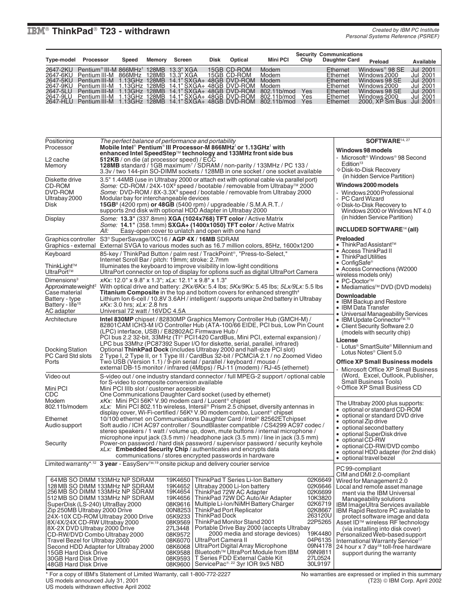 Ibm thinkpad t23 - withdrawn, Thinkpad, T23 - withdrawn | IBM X Series User Manual | Page 34 / 83