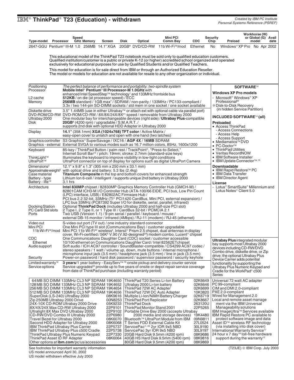 Ibm thinkpad t23 (education) - withdrawn, Thinkpad, T23 (education) - withdrawn | IBM X Series User Manual | Page 37 / 83