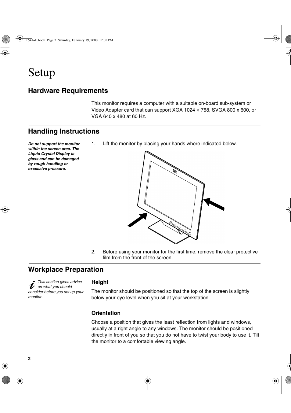 Setup, Hardware requirements, Handling instructions | Workplace preparation | IBM 9511-A User Manual | Page 4 / 28