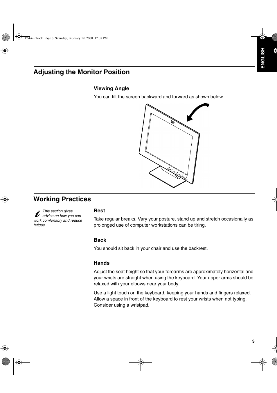 Adjusting the monitor position, Working practices | IBM 9511-A User Manual | Page 5 / 28