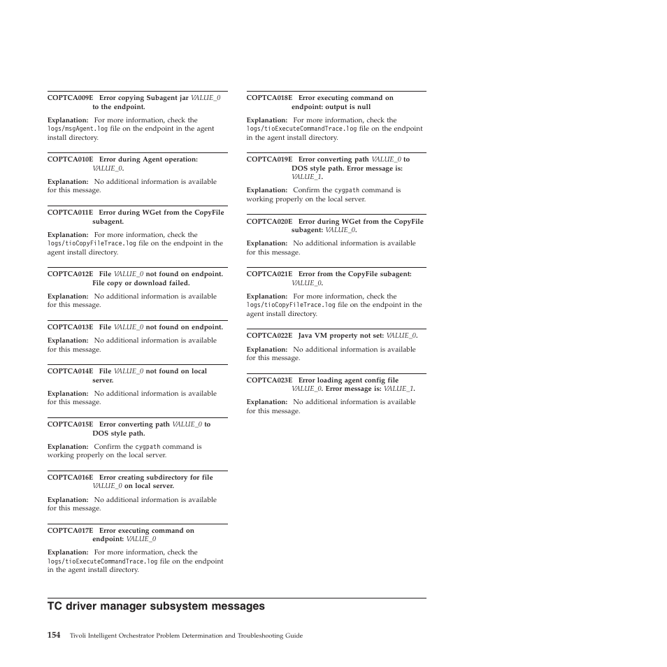 Tc driver manager subsystem messages, Driver, Manager | Subsystem, Messages | IBM 51 User Manual | Page 166 / 248