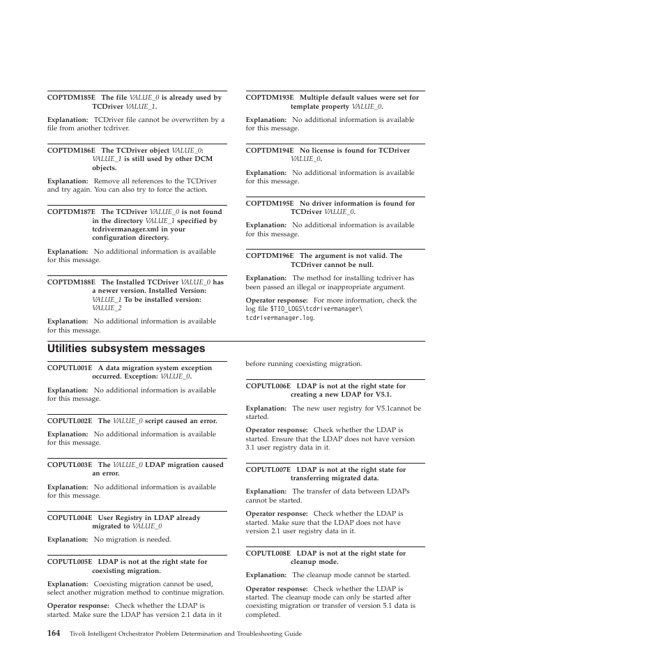 Utilities subsystem messages, Utilities, Subsystem | Messages | IBM 51 User Manual | Page 176 / 248