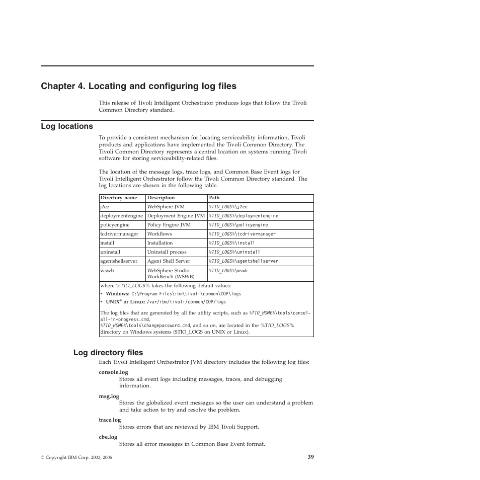Chapter 4. locating and configuring log files, Log locations, Log directory files | Chapter, Locating, Configuring, Files, Locations, Directory | IBM 51 User Manual | Page 51 / 248