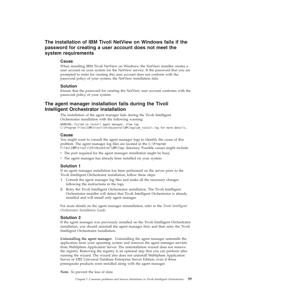 Cause, Solution, Solution 1 | Solution 2, Installation, Tivoli, Netview, Windows, Fails, Password | IBM 51 User Manual | Page 71 / 248