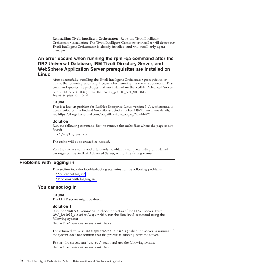Cause, Solution, Problems with logging in | You cannot log in, Solution 1, Error, Occurs, When, Running, Command | IBM 51 User Manual | Page 74 / 248