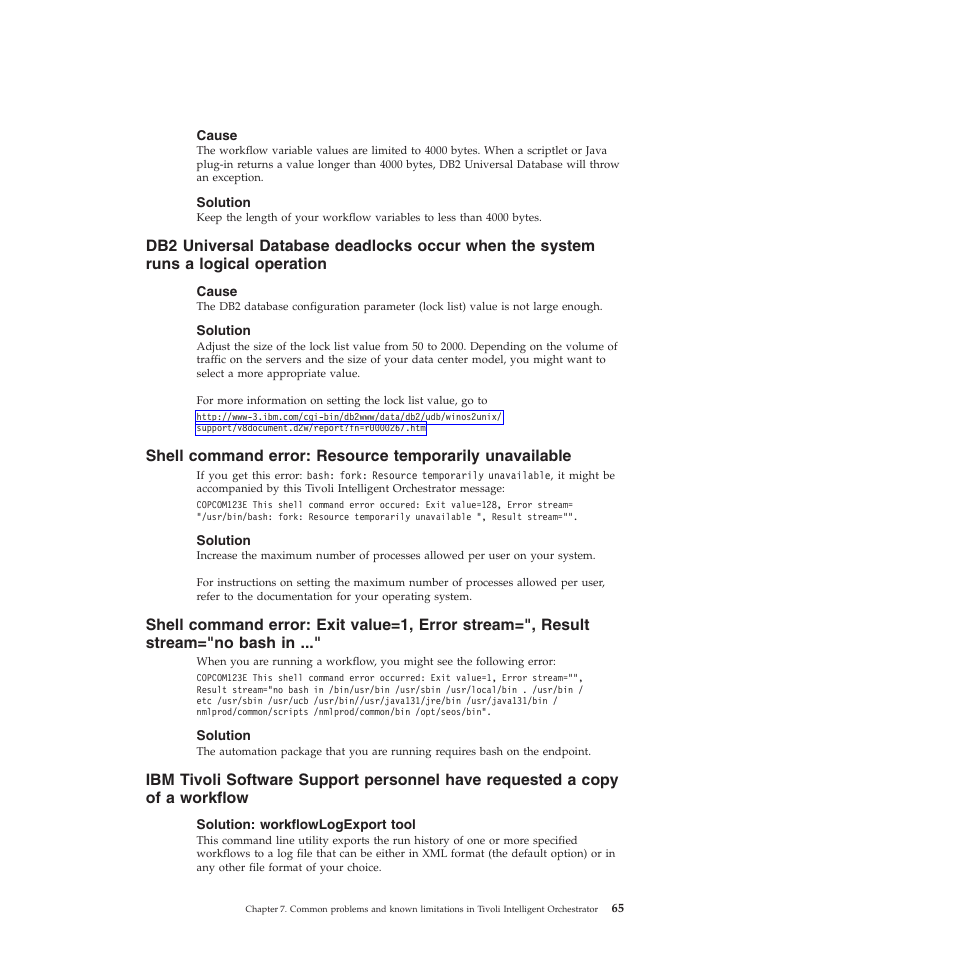 Cause, Solution, Solution: workflowlogexport tool | Universal, Database, Deadlocks, Occur, When, System, Runs | IBM 51 User Manual | Page 77 / 248