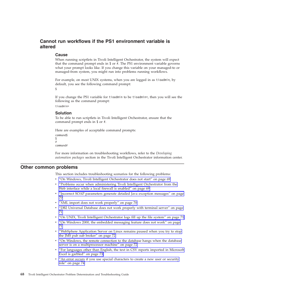 Cause, Solution, Other common problems | Cannot, Workflows, Environment, Variable, Altered, Other, Common | IBM 51 User Manual | Page 80 / 248