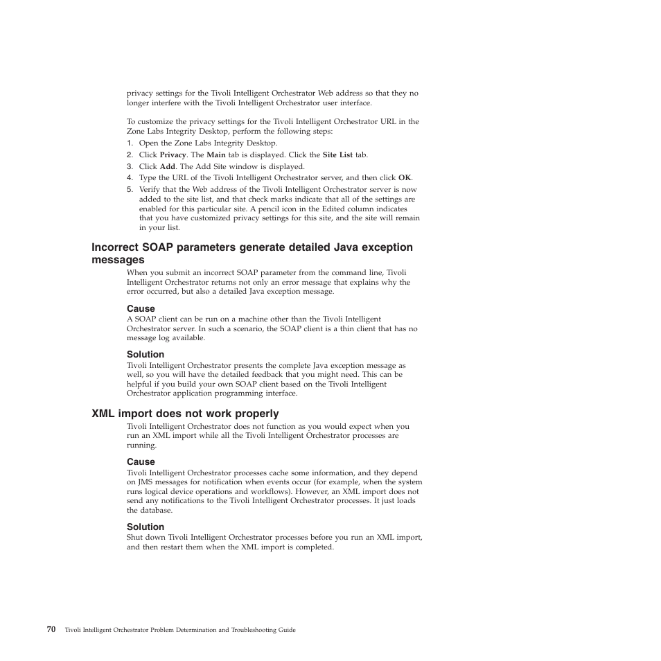 Cause, Solution, Xml import does not work properly | Incorrect, Soap, Parameters, Generate, Detailed, Java, Exception | IBM 51 User Manual | Page 82 / 248