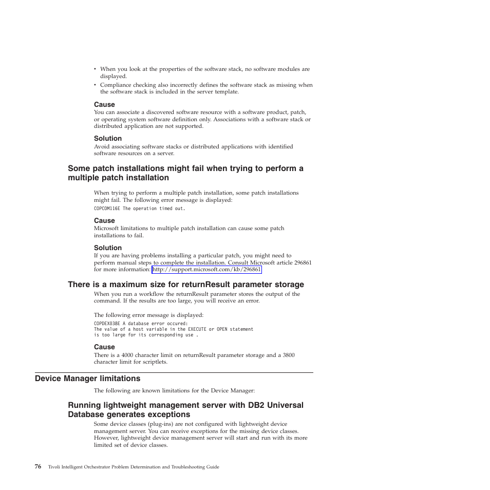 Cause, Solution, Device manager limitations | Some, Patch, Installations, Might, Fail, When, Trying | IBM 51 User Manual | Page 88 / 248