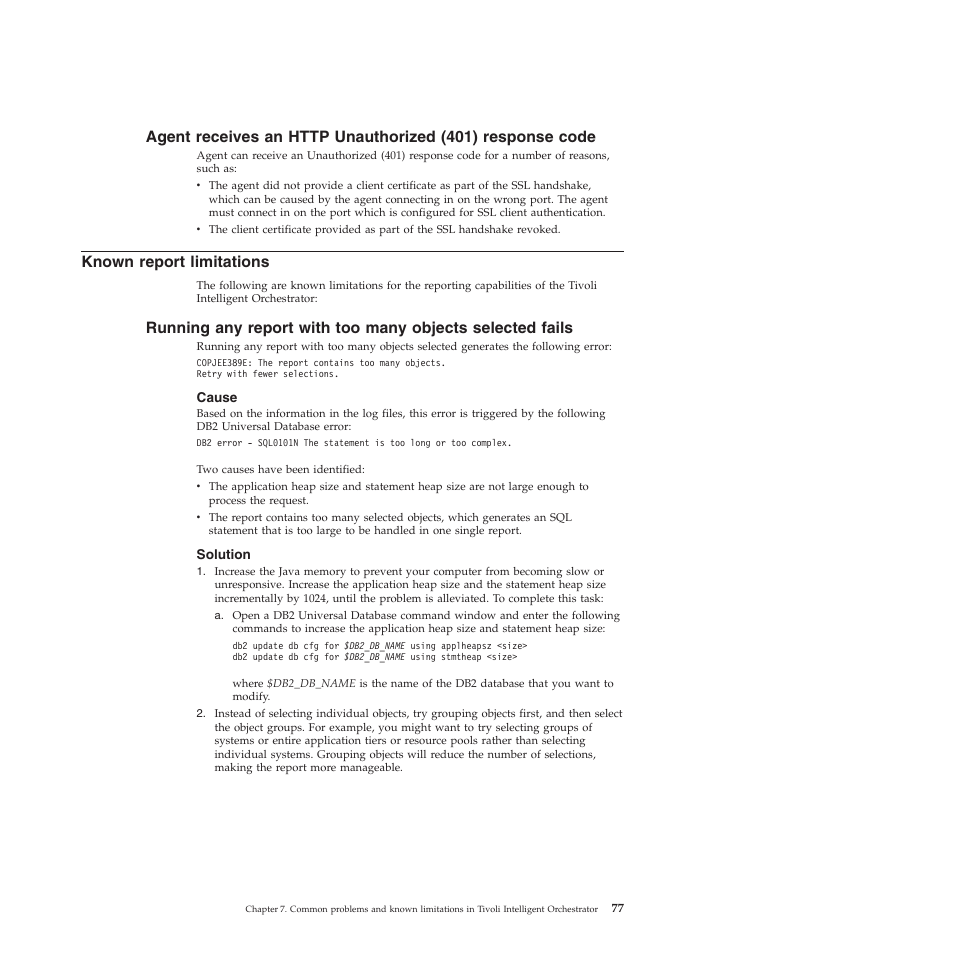 Known report limitations, Cause, Solution | Agent, Receives, Http, Unauthorized, Response, Code, Known | IBM 51 User Manual | Page 89 / 248