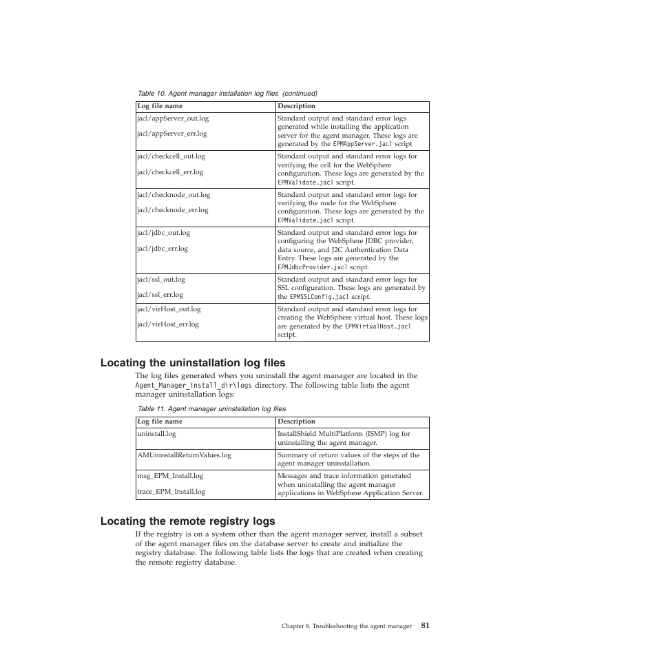 Locating the uninstallation log files, Locating the remote registry logs, Locating | Uninstallation, Files, Remote, Registry, Logs | IBM 51 User Manual | Page 93 / 248