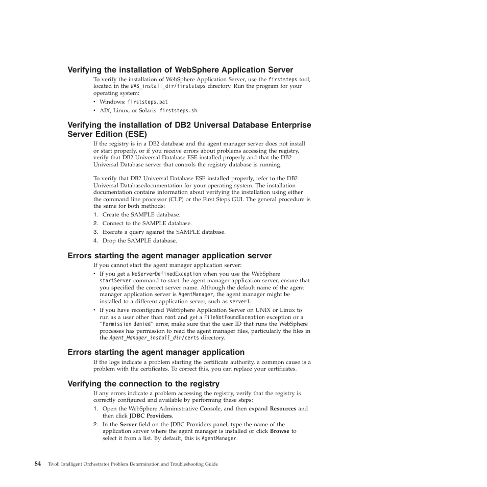 Errors starting the agent manager application, Verifying the connection to the registry, Verifying | Installation, Websphere, Application, Server, Universal, Database, Enterprise | IBM 51 User Manual | Page 96 / 248