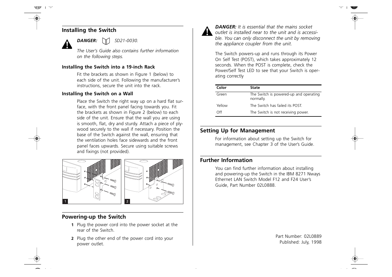 Installing the switch, Installing the switch into a 19-inch rack, Installing the switch on a wall | Powering-up the switch, Setting up for management, Further information | IBM 8271 F12 User Manual | Page 2 / 2