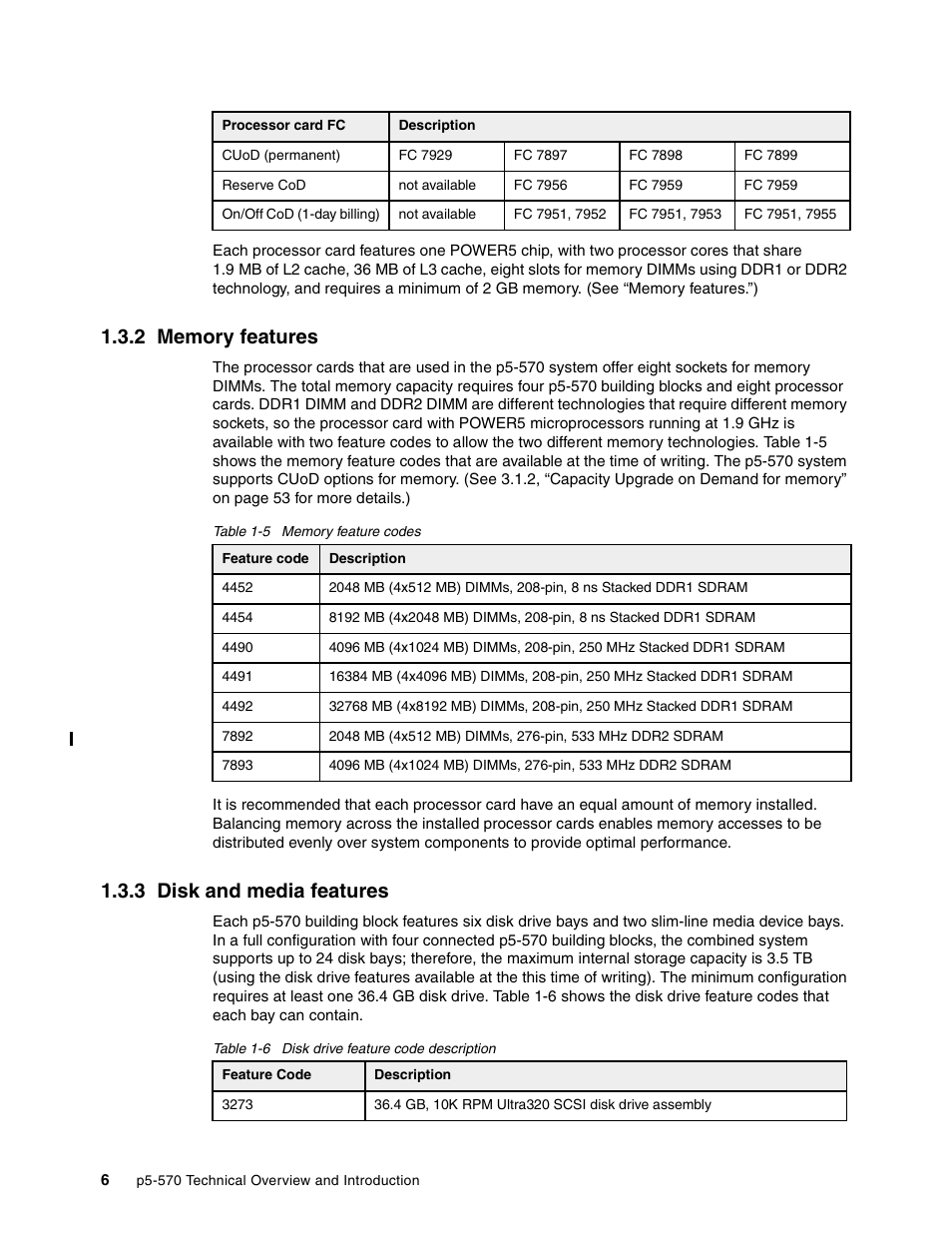 2 memory features, 3 disk and media features, 2 memory features 1.3.3 disk and media features | IBM P5 570 User Manual | Page 18 / 82