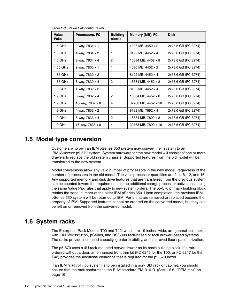 5 model type conversion, 6 system racks, 5 model type conversion 1.6 system racks | IBM P5 570 User Manual | Page 24 / 82