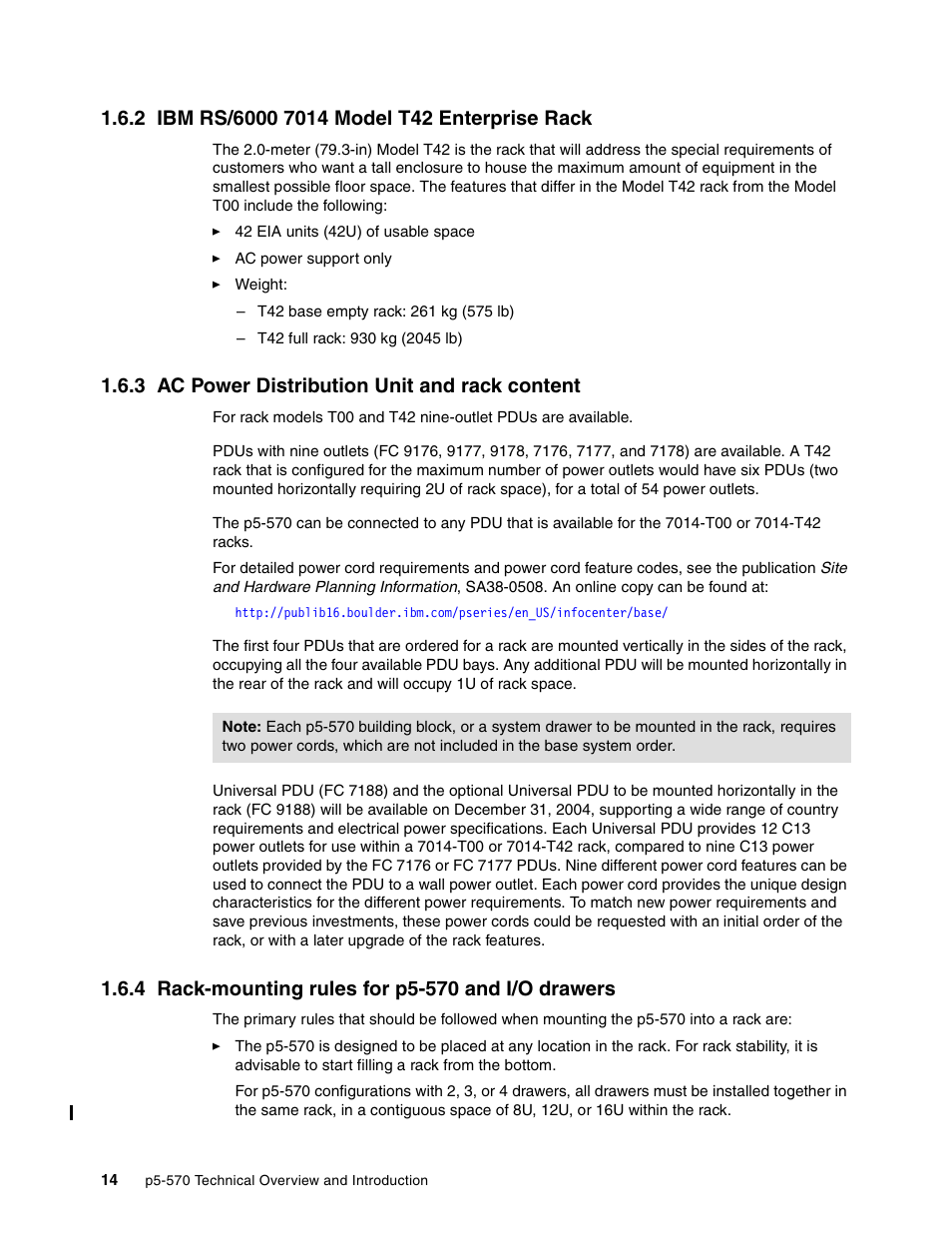 2 ibm rs/6000 7014 model t42 enterprise rack, 3 ac power distribution unit and rack content, 4 rack-mounting rules for p5-570 and i/o drawers | IBM P5 570 User Manual | Page 26 / 82