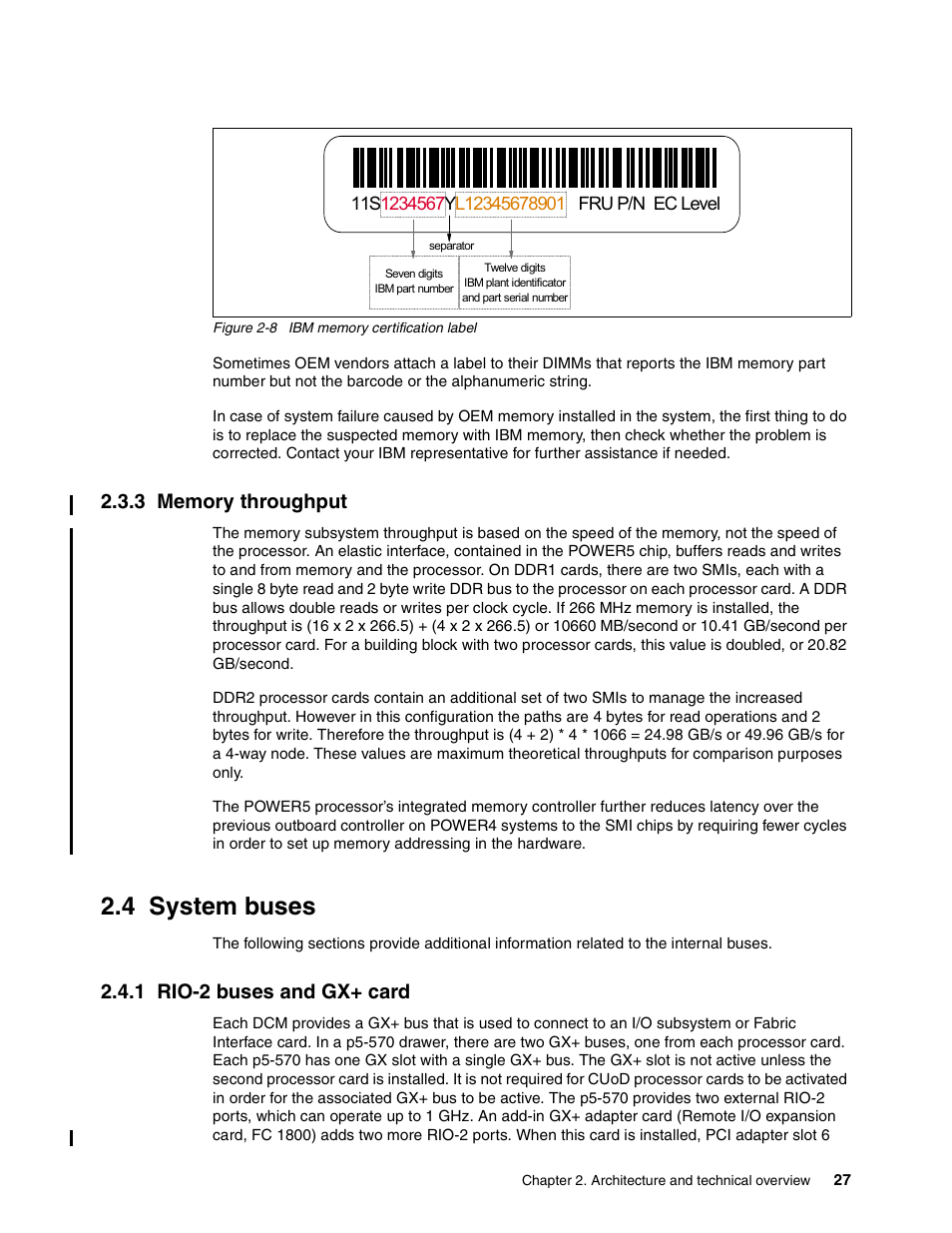 3 memory throughput, 4 system buses, 1 rio-2 buses and gx+ card | Figure 2-8 | IBM P5 570 User Manual | Page 39 / 82