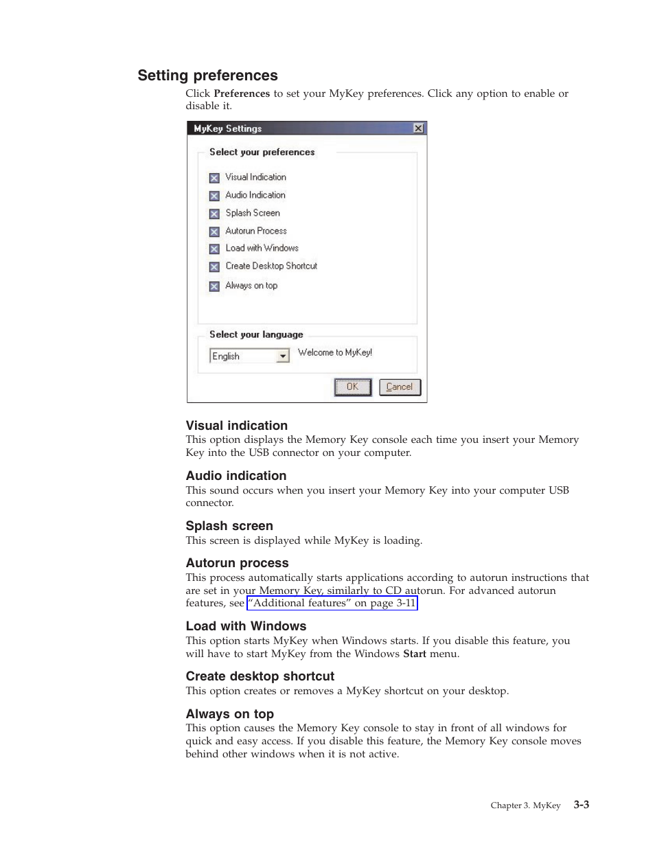 Setting preferences, Visual indication, Audio indication | Splash screen, Autorun process, Load with windows, Create desktop shortcut, Always on top, Setting, Preferences | IBM 2 User Manual | Page 15 / 72