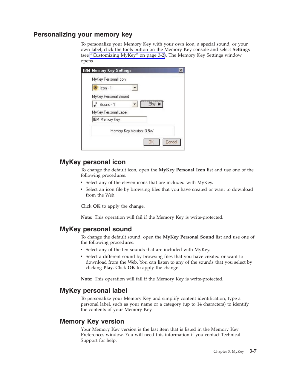 Personalizing your memory key, Mykey personal icon, Mykey personal sound | Mykey personal label, Memory key version, Personalizing, Your, Memory, Mykey, Personal | IBM 2 User Manual | Page 19 / 72