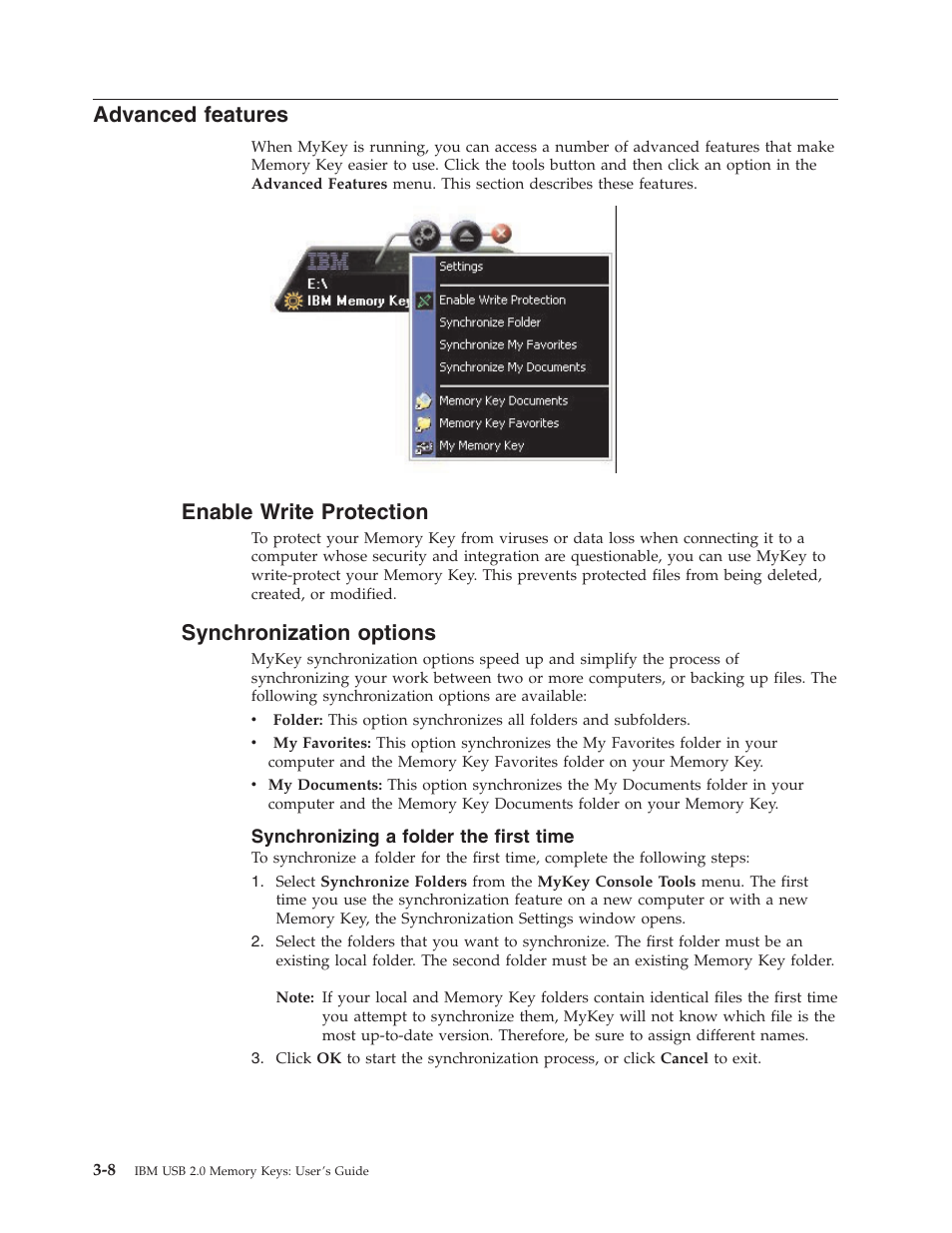 Advanced features, Enable write protection, Synchronization options | Synchronizing a folder the first time, Advanced, Features, Enable, Write, Protection, Synchronization | IBM 2 User Manual | Page 20 / 72