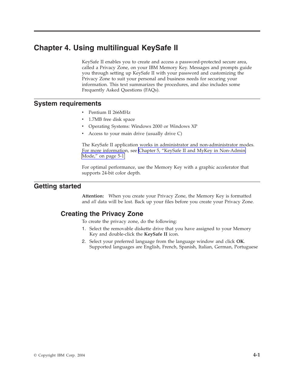 Chapter 4. using multilingual keysafe ii, System requirements, Getting started | Creating the privacy zone, Chapter, Using, Multilingual, Keysafe, System, Requirements | IBM 2 User Manual | Page 25 / 72