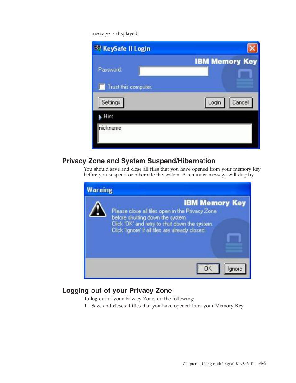Privacy zone and system suspend/hibernation, Logging out of your privacy zone, Privacy | Zone, System, Suspend/hibernation, Logging, Your | IBM 2 User Manual | Page 29 / 72