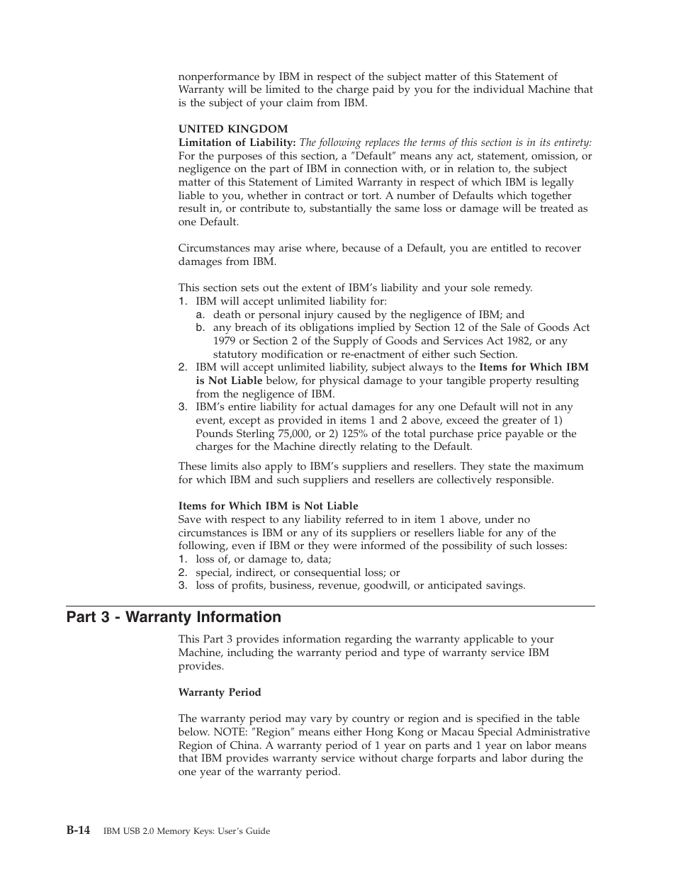 Part 3 - warranty information, Part, Warranty | Information, B-14 | IBM 2 User Manual | Page 58 / 72