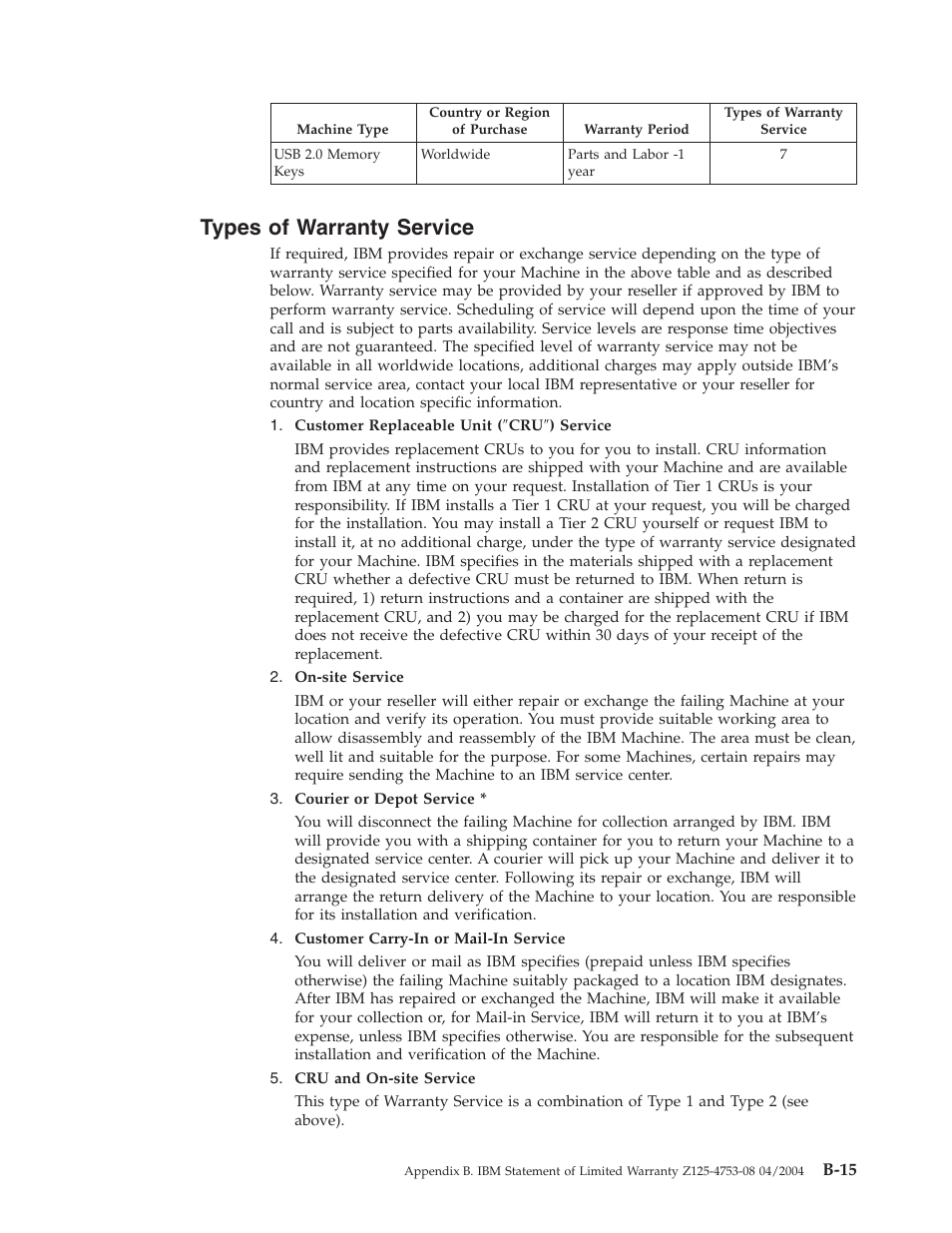 Types of warranty service, Types, Warranty | Service, B-15 | IBM 2 User Manual | Page 59 / 72