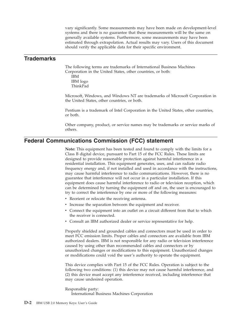 Trademarks, Federal communications commission (fcc) statement, Federal | Communications, Commission, Fcc), Statement | IBM 2 User Manual | Page 66 / 72