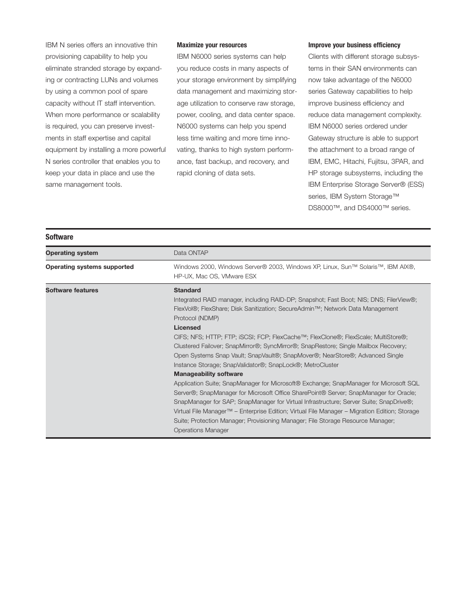 Maximize your resources, Improve your business efficiency, Software | IBM System Storage N6060 User Manual | Page 3 / 6