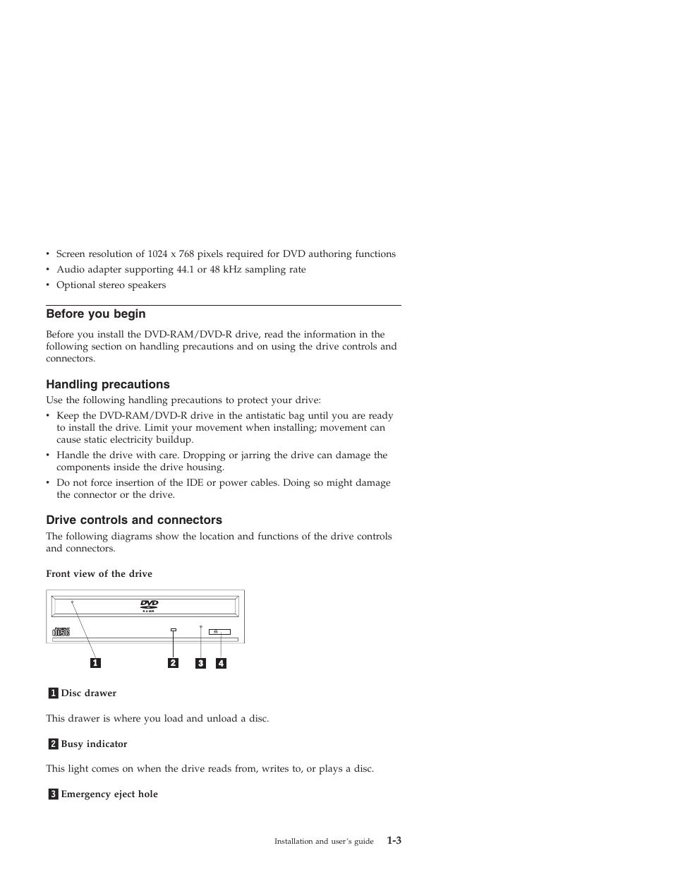 Before you begin, Handling precautions, Drive controls and connectors | IBM 22P6960 User Manual | Page 11 / 56