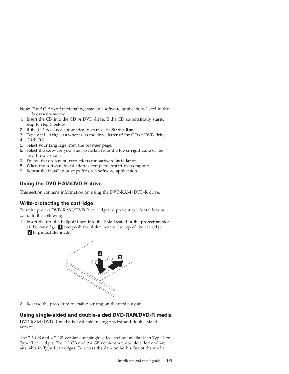 Using the dvd-ram/dvd-r drive, Write-protecting the cartridge | IBM 22P6960 User Manual | Page 17 / 56