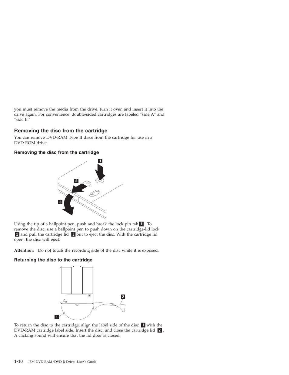 Removing the disc from the cartridge, Returning the disc to the cartridge | IBM 22P6960 User Manual | Page 18 / 56