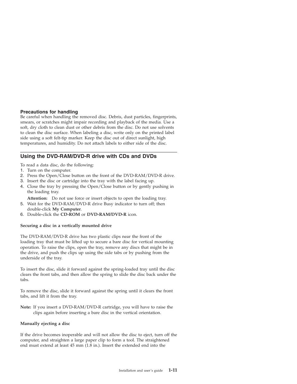 Precautions for handling, Using the dvd-ram/dvd-r drive with cds and dvds | IBM 22P6960 User Manual | Page 19 / 56