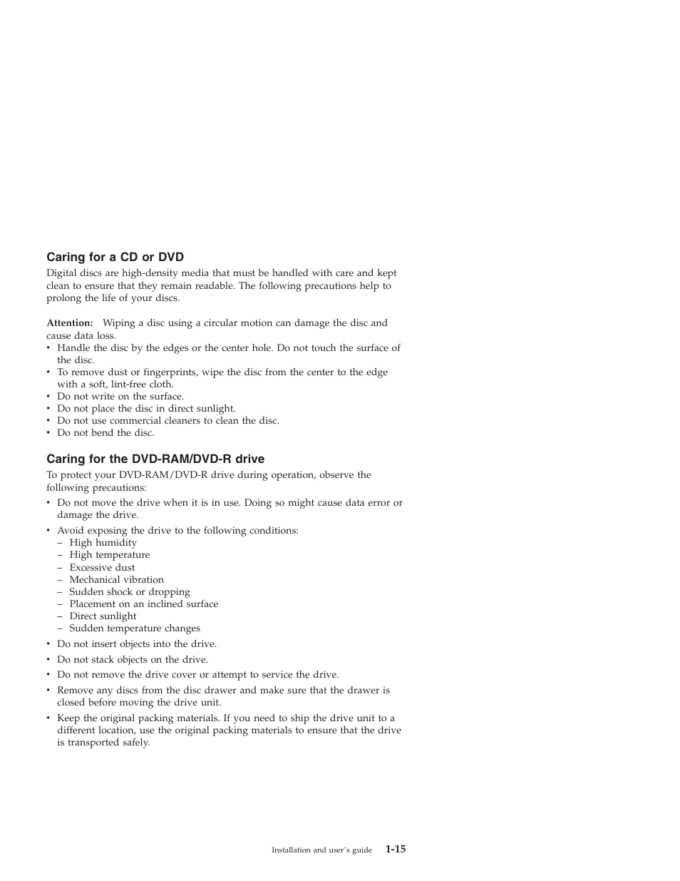 Caring for a cd or dvd, Caring for the dvd-ram/dvd-r drive | IBM 22P6960 User Manual | Page 23 / 56