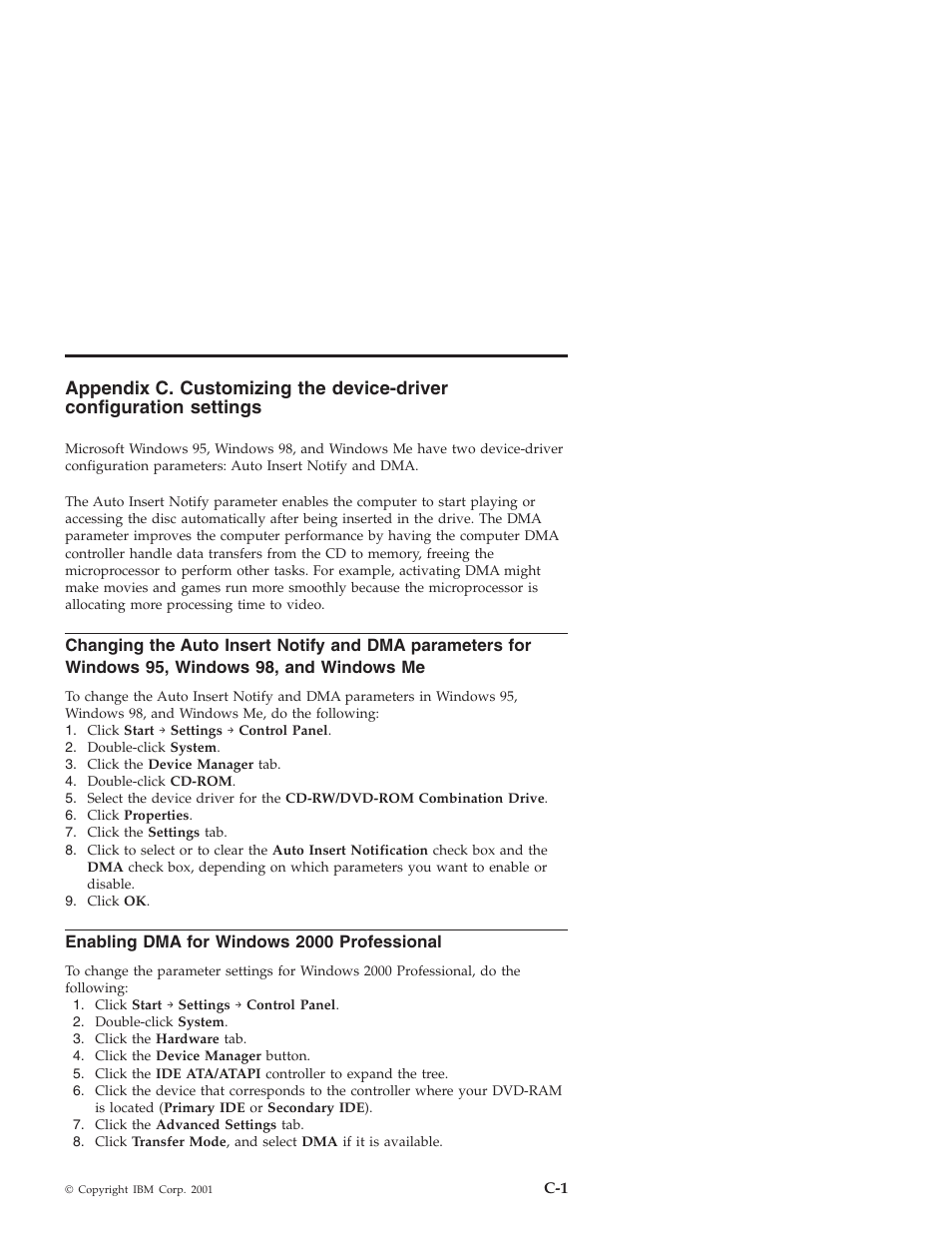 Enabling dma for windows 2000 professional, Windows 98, and windows me | IBM 22P6960 User Manual | Page 33 / 56