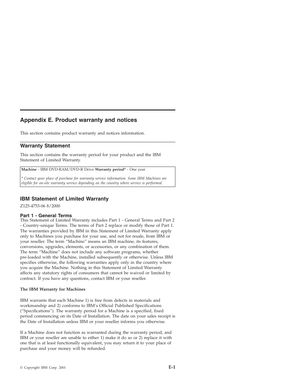 Appendix e. product warranty and notices, Warranty statement, Ibm statement of limited warranty | Part 1 - general terms | IBM 22P6960 User Manual | Page 37 / 56