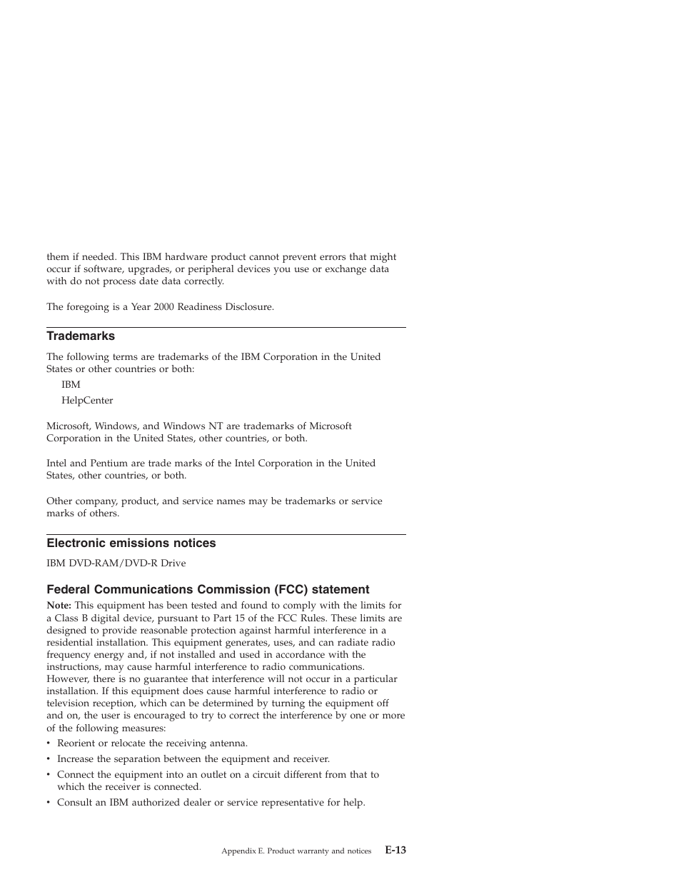 Trademarks, Electronic emissions notices, Federal communications commission (fcc) statement | E-13 | IBM 22P6960 User Manual | Page 49 / 56