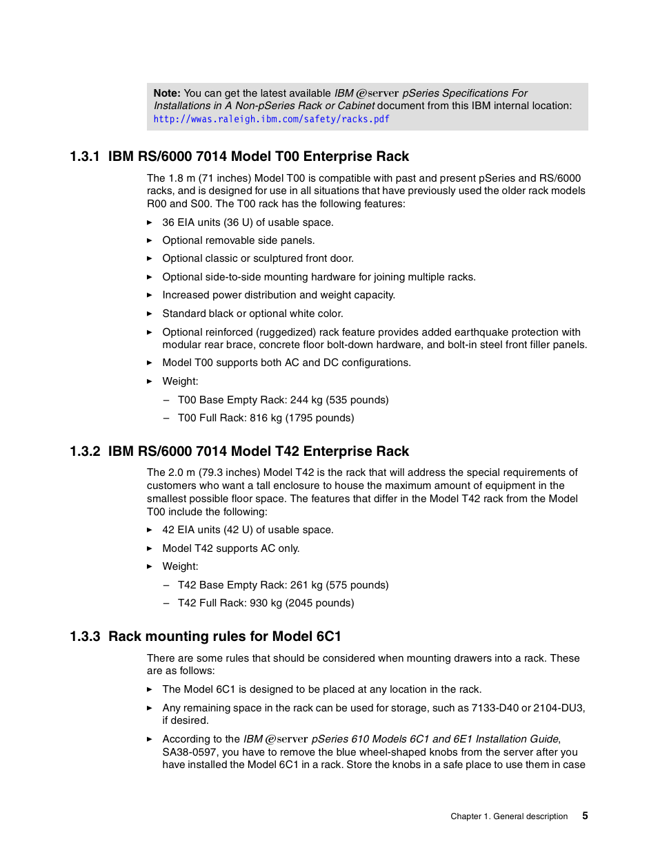 1 ibm rs/6000 7014 model t00 enterprise rack, 2 ibm rs/6000 7014 model t42 enterprise rack, 3 rack mounting rules for model 6c1 | IBM 610 User Manual | Page 13 / 40